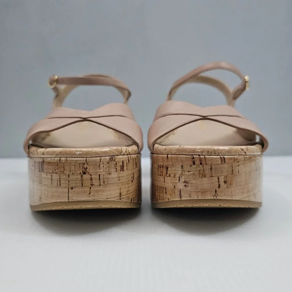 Stuart Weitzman Carmen Midi Wedge Sandal Womens 9.5 Beige Tan Platform Cork